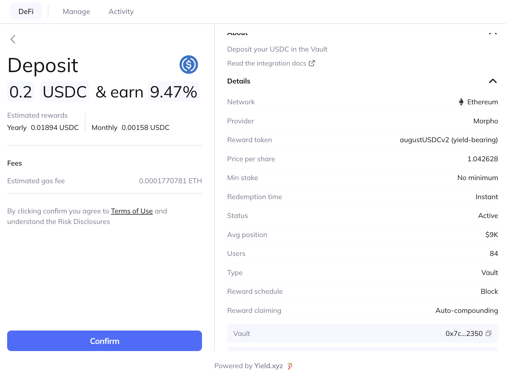 The deposit confirmation screen, showing the deposit amount, estimated rewards, the estimated gas fee, and the Confirm button
