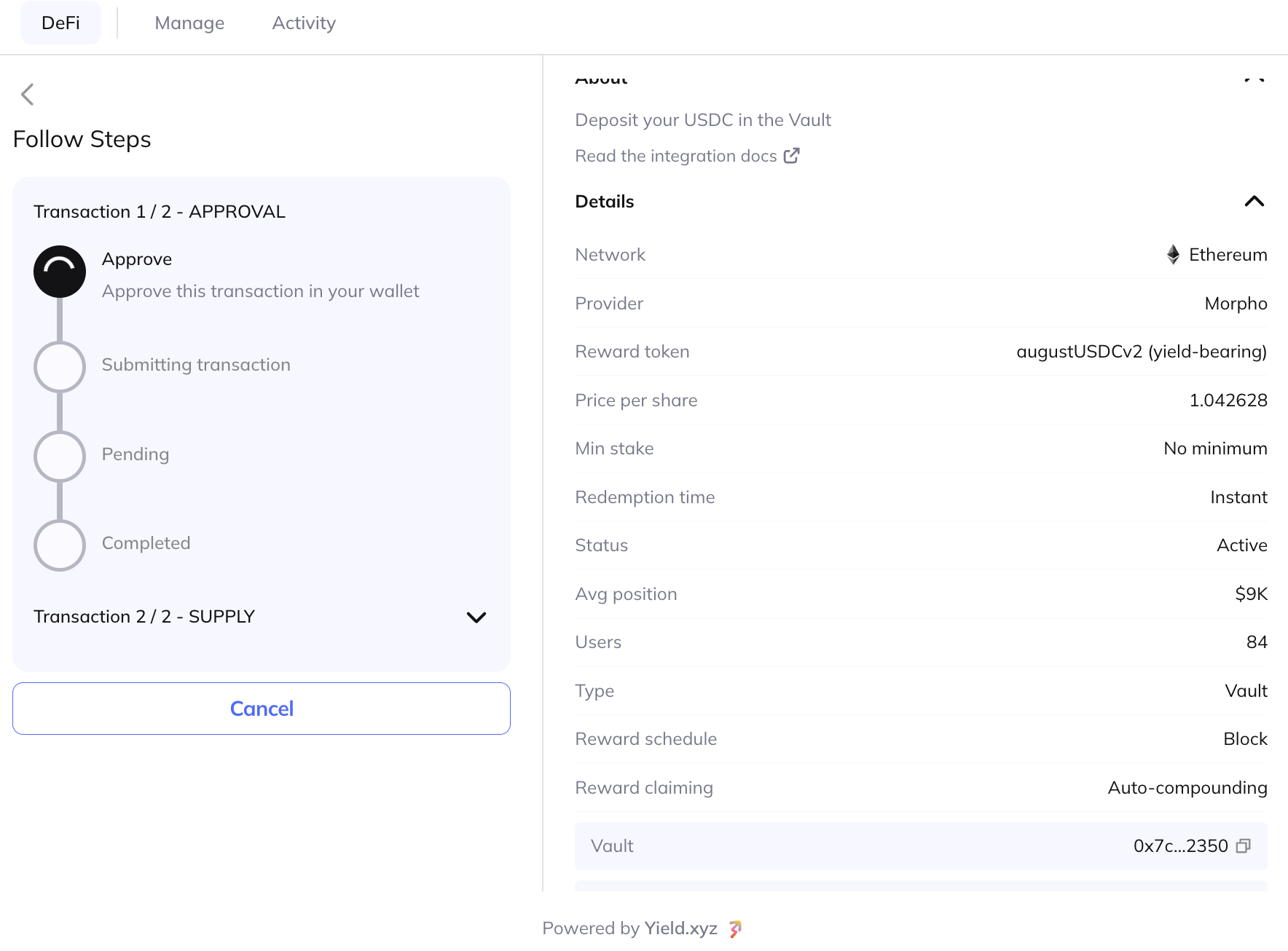 The Follow Steps screen tracking transaction 1 of 2, the approval, along its progress timeline