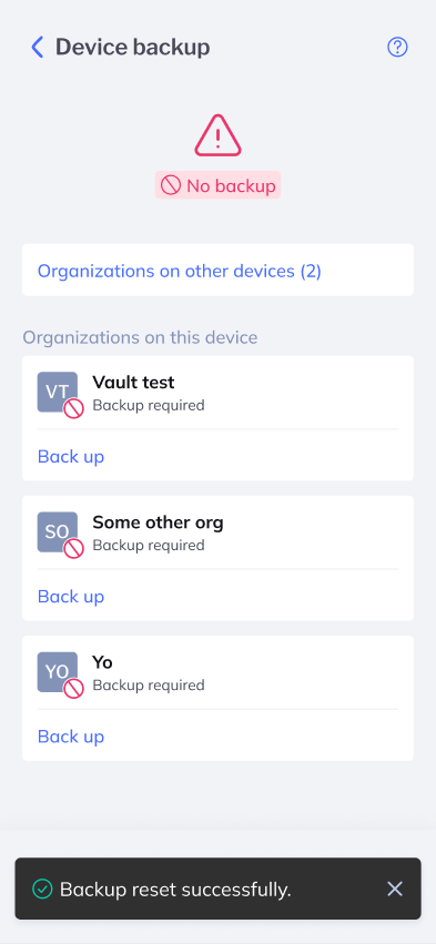 Device backup screen after the reset