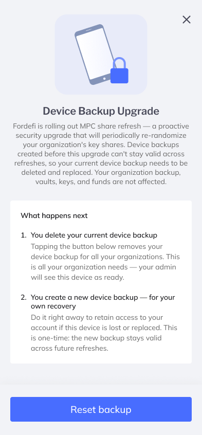 Device Backup Upgrade screen